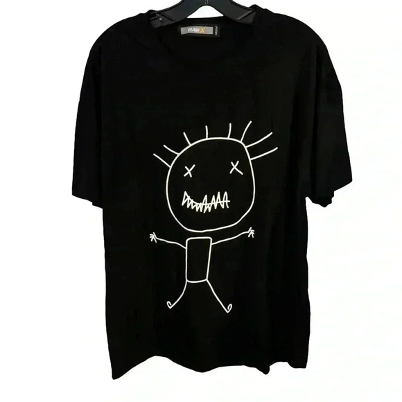 NWOT Raw Men’s Black Tee With White Graphic Stick Figure Short Sleeve Size M - Picture 1 of 8